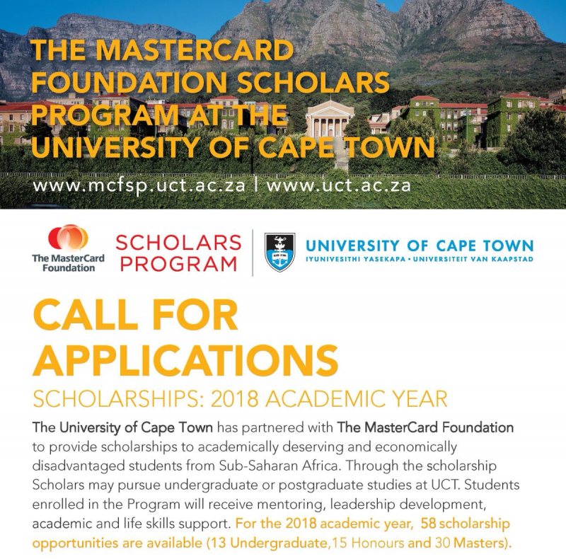 The Mastercard scholarship Foundation to students from Africa